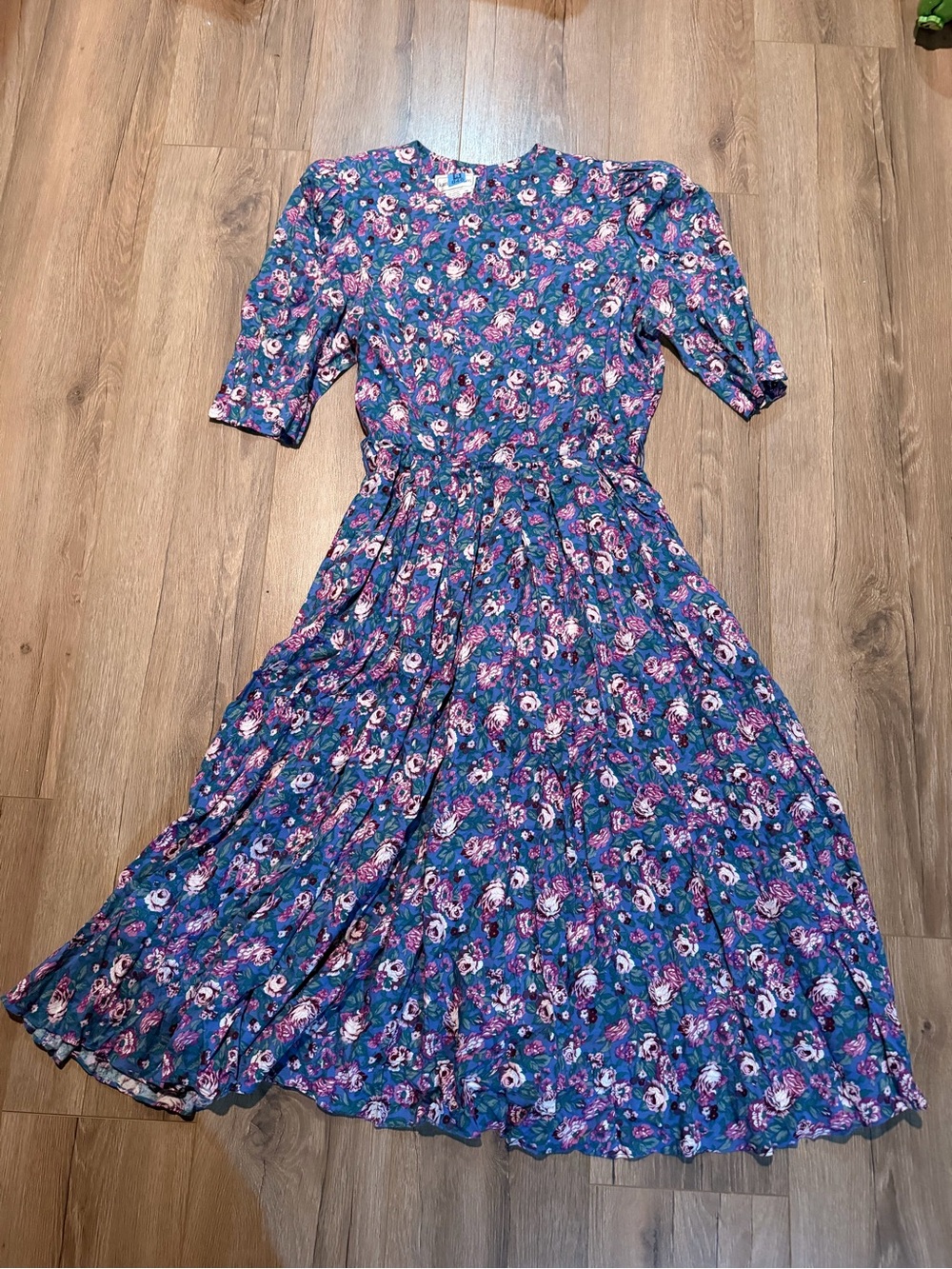 Vintage Karin Stevens Purple Blue Floral Midi Dress Shoulder Pads Cottagecore 14